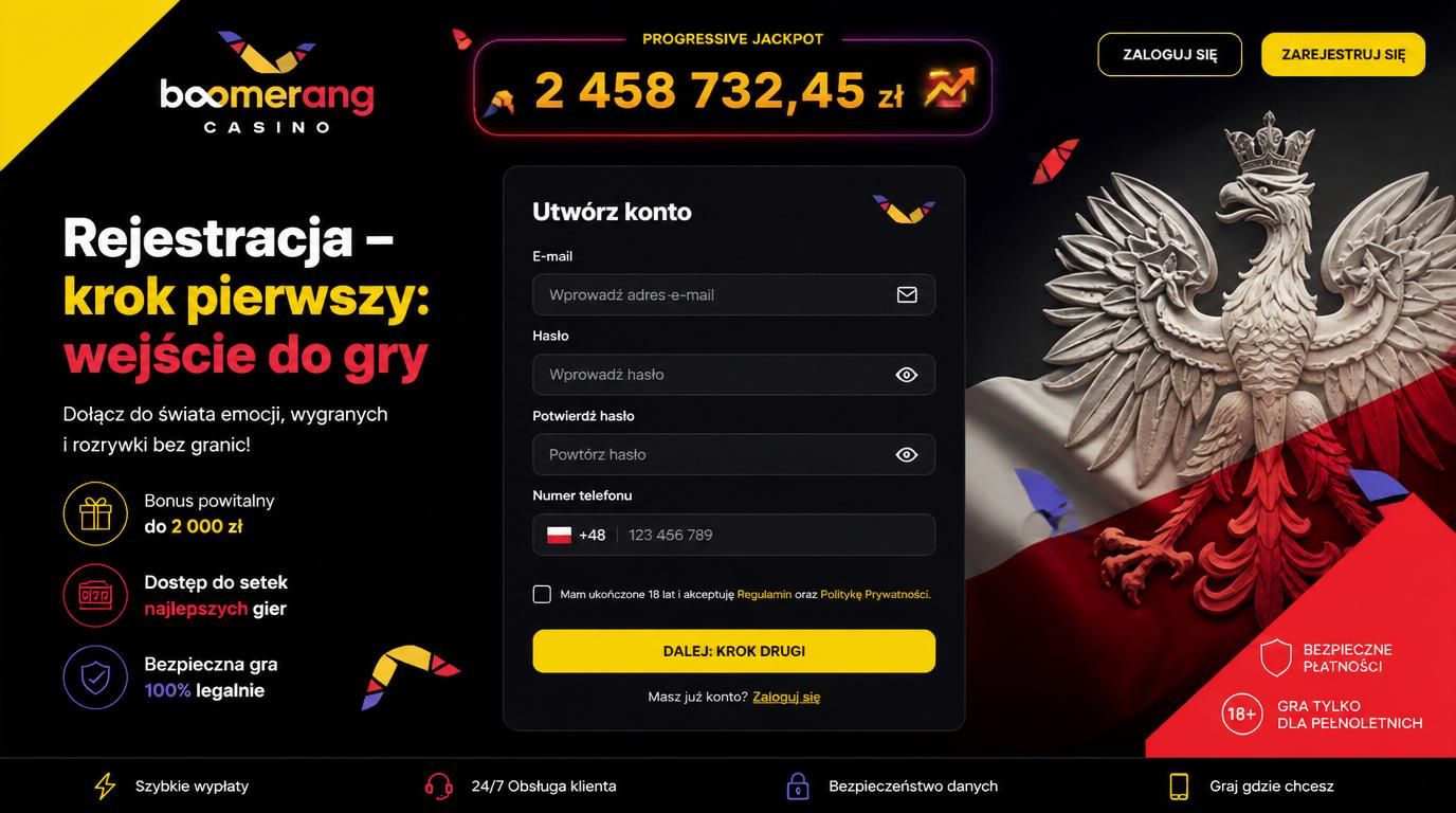 Graficzne przedstawienie ekranu rejestracji z potężnym jackpotem w tle