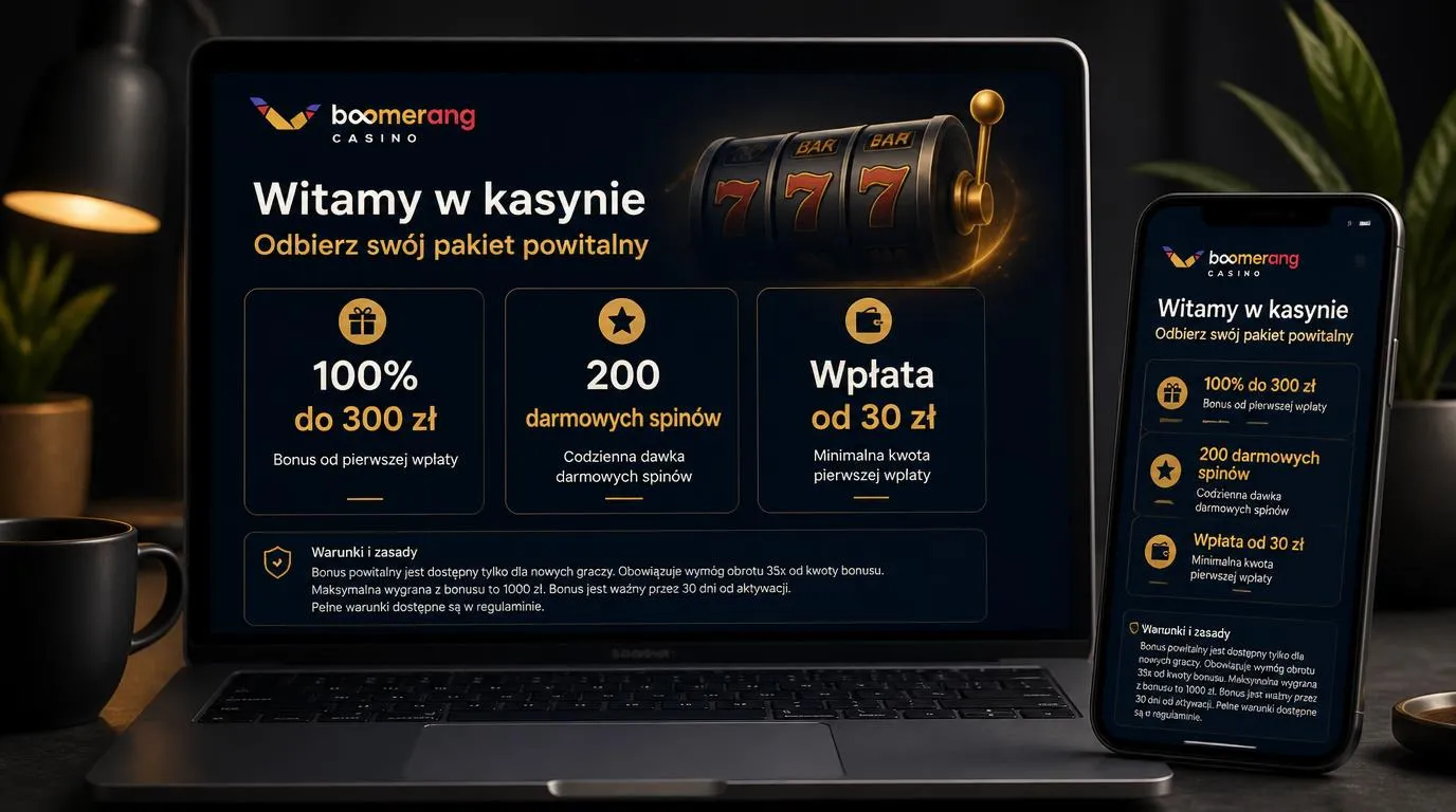 Ekran promocji kasyna z bonusem 100% do 300 zł, 200 darmowymi spinami i wpłatą od 30 zł
