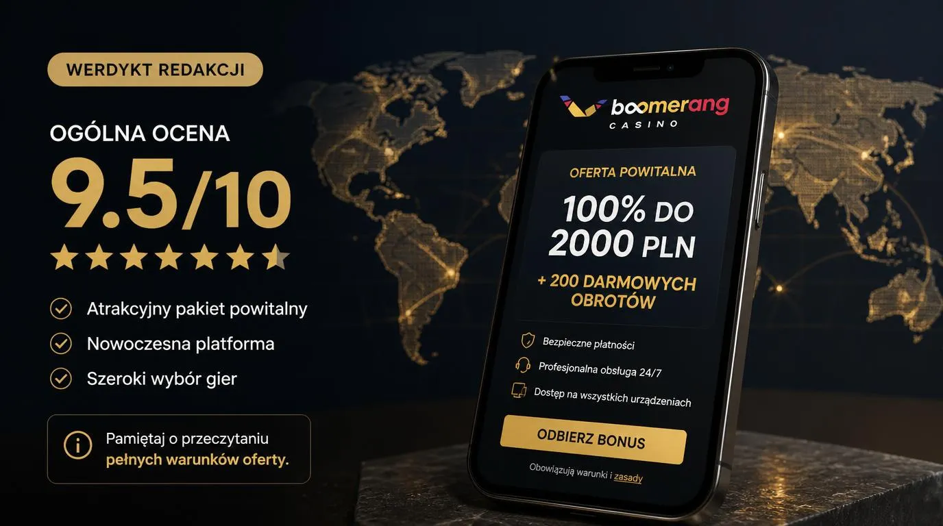 Telefon z widokiem oferty powitalnej kasyna i oceną 9,5/10 na tle mapy świata