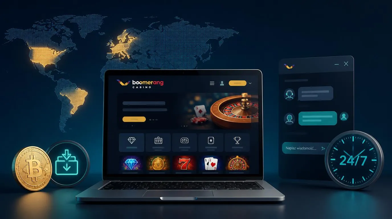 Ekran kasyna z mapą świata, symbolem kryptowaluty i oknem całodobowego czatu