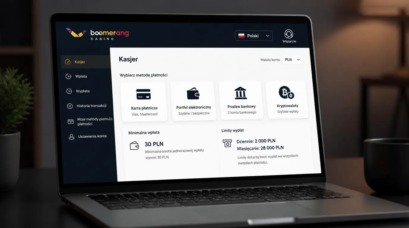 Ekran kasy kasyna z wyborem PLN, metod płatności oraz informacją o limitach wypłat