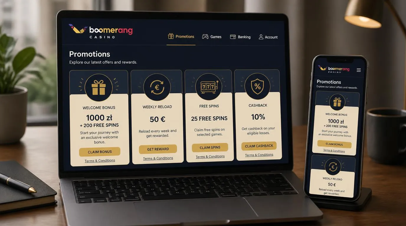 Ekran promocji kasyna z bonusem powitalnym, cotygodniowymi spinami i ofertą cashback